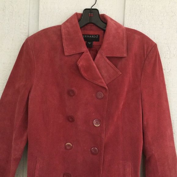Bernardo Double Breasted Suede Leather Jacket Size 12 Women Long Sleeve Button - Picture 2 of 13